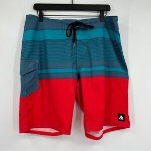 Matrix Men's Blue Red Striped Drawstring Pocketed Colorblocked Swim Trunks